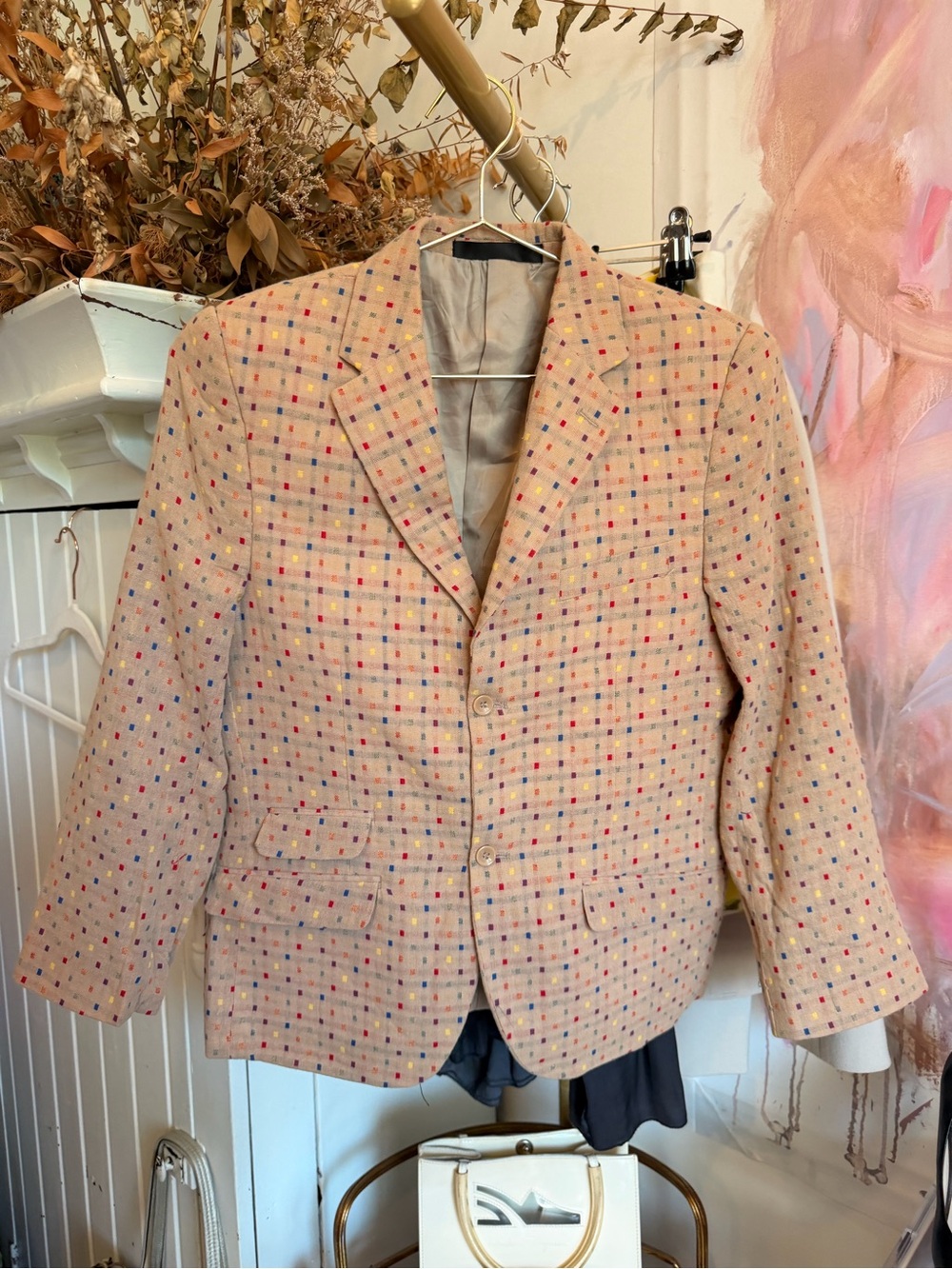 Kenzo Cream Checked Blazer with Multicolor Dot Pattern